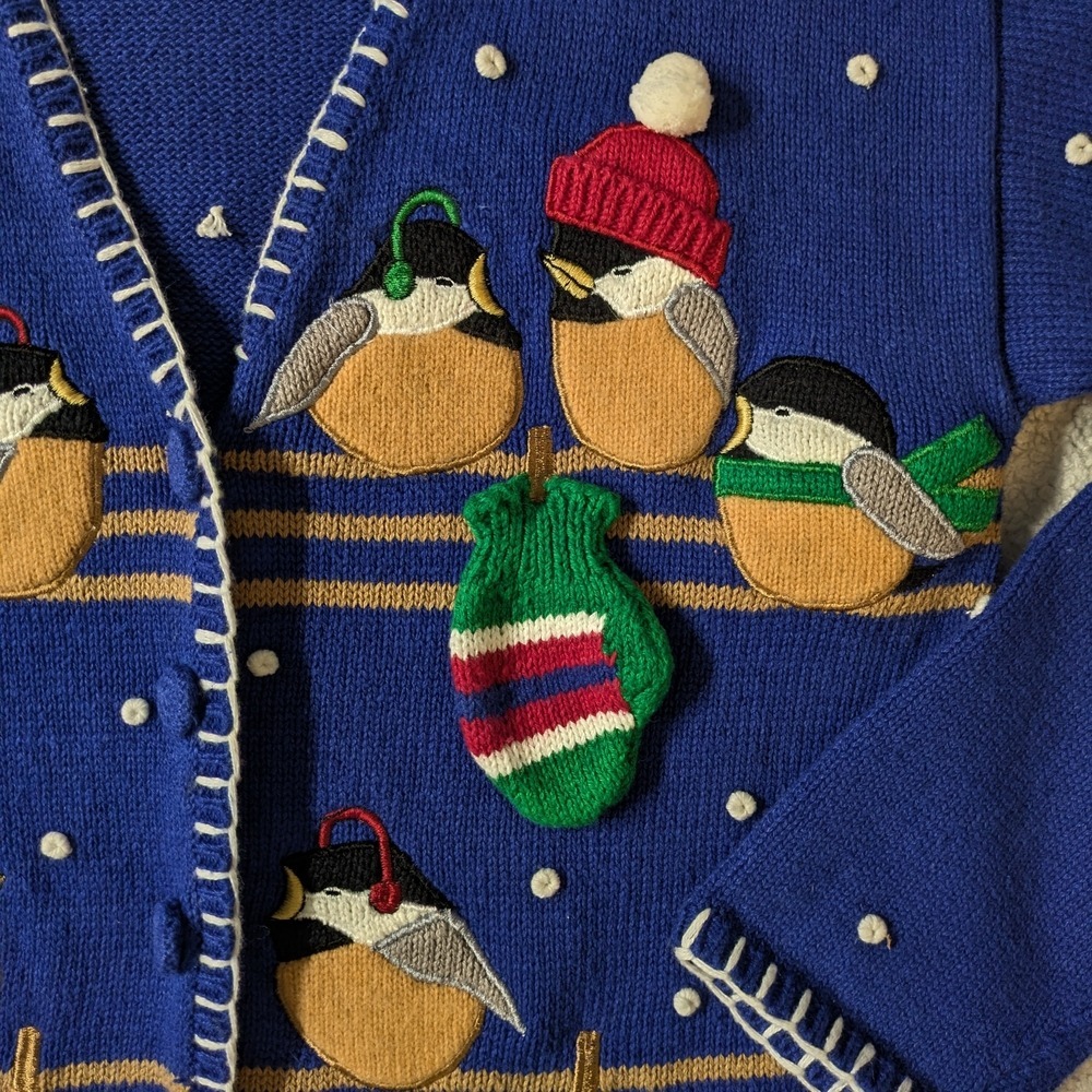 VTG 90s Bird Winter Mitten Crochet PBJ Sport Cardigan Sweater Chunky‎ Snow M
